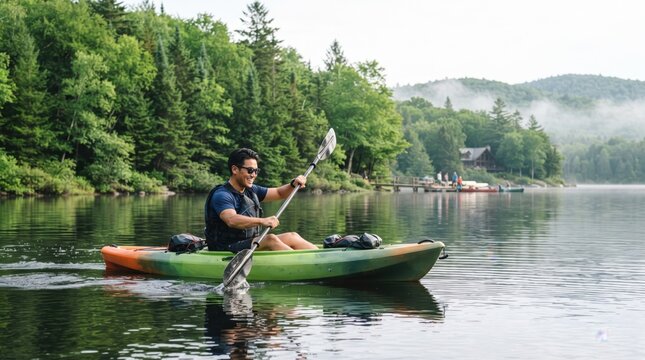 Man paddling a kayak on a forest lake. Kayaking, water recreation and paddle sports.