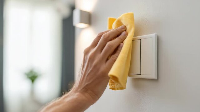 Closeup of a hand cleaning a light switch with a yellow microfiber cloth in a modern home interior. Proper hygiene and regular disinfection help maintain a healthy and safe living environment