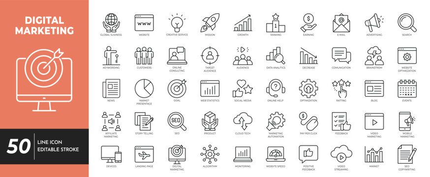 Digital marketing icon set. editable stroke