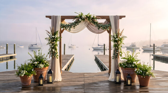 Marina fest arrangements featuring a wedding arch on a wooden dock with sailboats background during a foggy sunrise