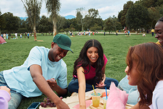 Friends enjoying picnic and playing cards in a park