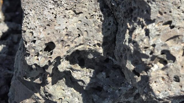 Spongy porous broken basalt stones with dark volcanic texture rough vesicular surface detail.