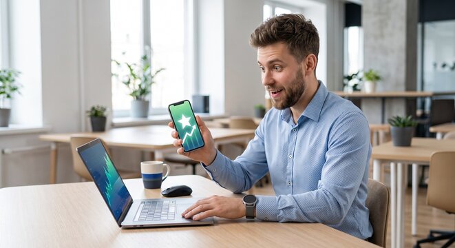 Young Male Financial Analyst Reacting With Surprise And Excitement While Checking Stock Charts On Smartphone A