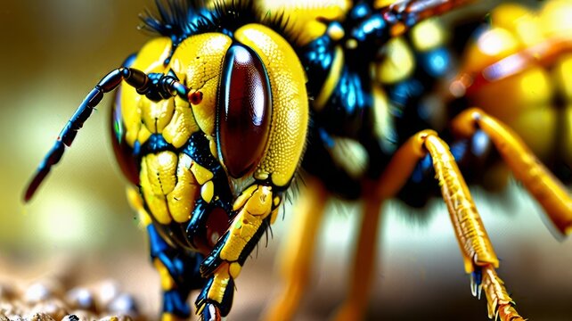Extreme close up of a yellow jacket wasp head showing detailed texture and compound eyes.