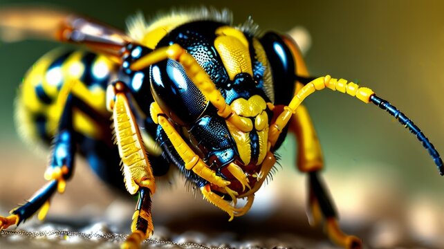 Extreme close up macro shot of a yellow jacket wasp showing intricate details of its head and eyes.
