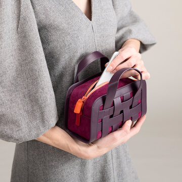 Purple Handbag With Phone In Grey Dress