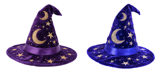 Witch hats pair isolated PNG, purple and blue velvet wizard hats with gold moon and stars pattern on transparent background, magic costume accessories © Bright Stock