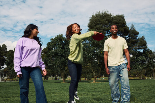 Diverse friends enjoying frisbee game in park