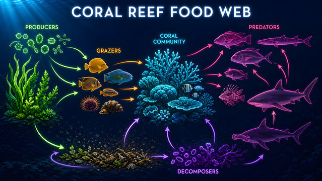 Coral Reef Food Web from Producers to Predators and Decomposers