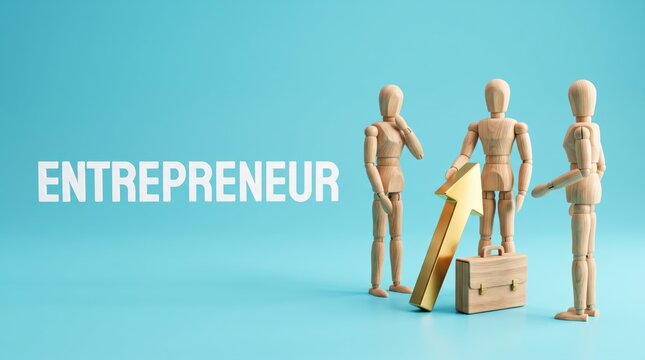 Three wooden figures showing entrepreneur growth with upward arrow