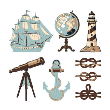 Vintage columbus day nautical set featuring ship and navigation icons