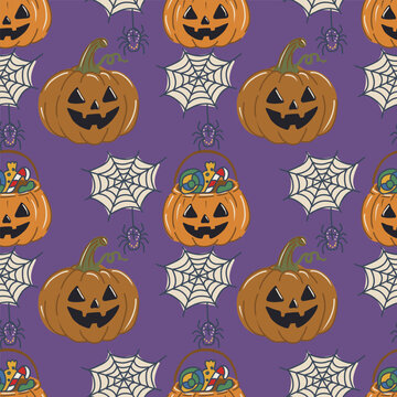 Halloween festive vector background, hand drawn seamless pattern with pumpkins and spider web perfect for spooky season design.