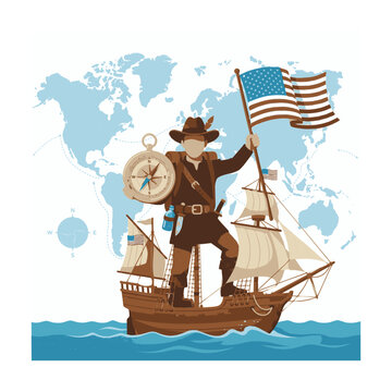 Columbus day explorer on ship with american flag and world map