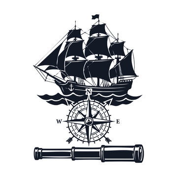 Columbus day vintage sailing ship and nautical compass illustration