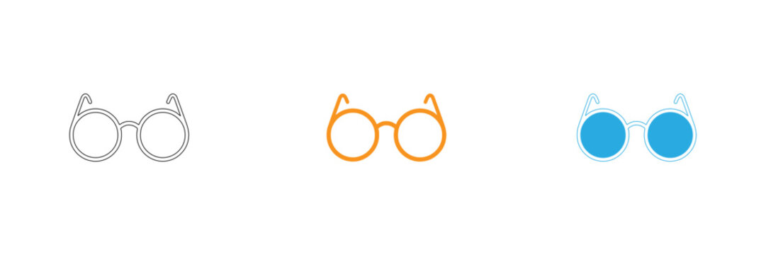 Three variations of eyeglasses in outline line art and solid color styles