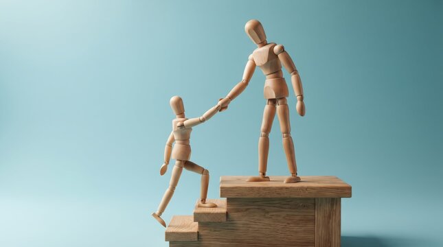 Wooden mannequin helping child climb stairs