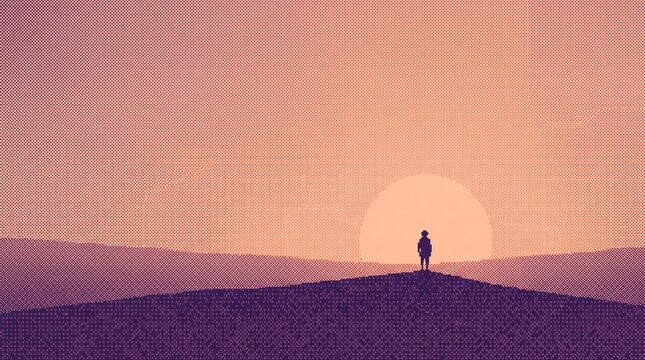 Dithered twilight landscape of rolling hills with a lone figure watching a low sun, two color pixel illustration