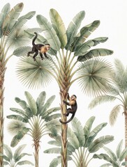 Fototapeta premium Two capuchin monkeys climb lush banana palm trees in a dense jungle setting. Watercolor illustration offers a vintage aesthetic of tropical wildlife and rich green foliage for print or card.