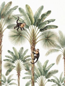 Two capuchin monkeys climb lush banana palm trees in a dense jungle setting. Watercolor illustration offers a vintage aesthetic of tropical wildlife and rich green foliage for print or card.