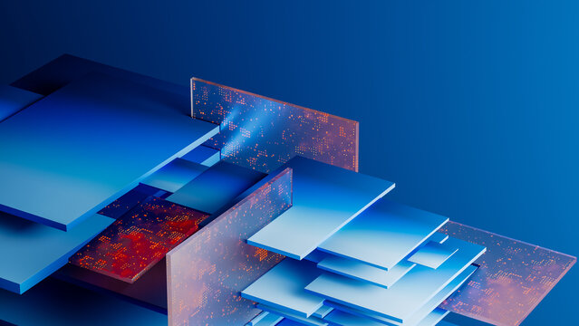 Futuristic Data Processing Layers in Blue and Orange