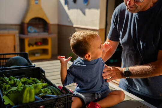 Grandfather and grandson sharing fresh garden vegetables harvest