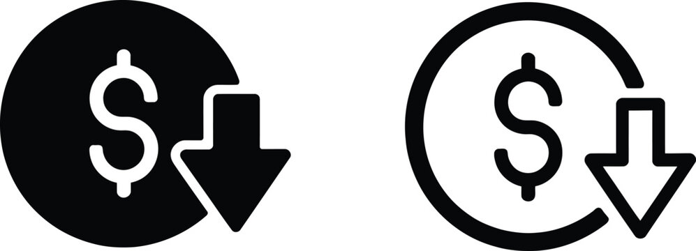 Two Icons of Dollar Coin with Downward Arrow money currency
