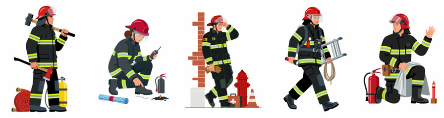 Fototapeta premium Set of firefighter illustrations in various poses and situations, wearing protective gear and using firefighting equipment like axes, ladders, and extinguishers.