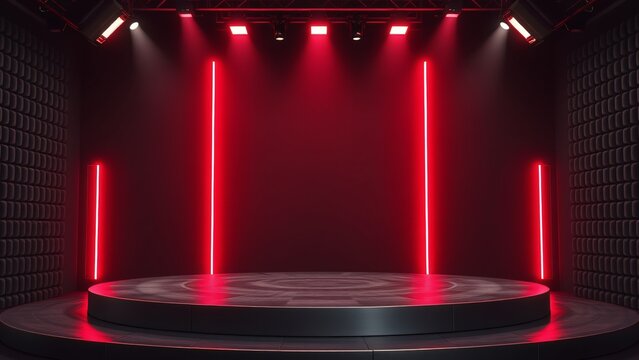 Futuristic round stage podium with red neon lights and studio spotlights
