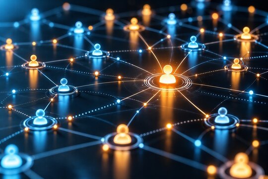 Connected people icons on digital network with central user for business networking and communication