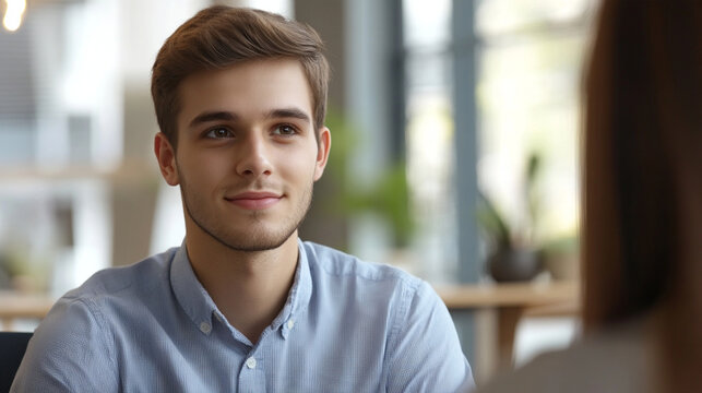 Close-up portrait of a young job candidate listening attentively during a recruitment interview, slightly nervous but optimistic expression, modern office softly blurred behind, hi
