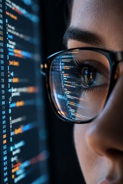 Programmer wearing glasses with computer code reflected in eye, representing software development and coding