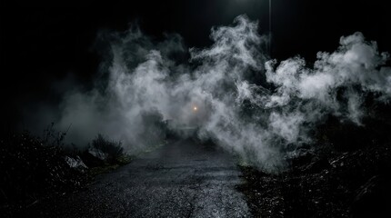 Fototapeta premium Cinematic Dark Night Road with Thick White Smoke and Steam Rising from Asphalt, Eerie Mysterious Atmosphere