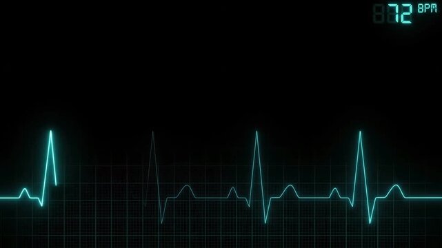 Neon Cyan Medical EKG Heartbeat Pulse Graph and Vitals Monitor HUD Overlay on Pure Black Screen, Cardiogram Line and Heart Rate Waveform for Healthcare Science Video Editing Screen Blending