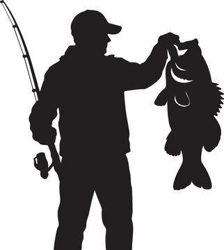 Fisherman holding large bass fish, angler with fishing rod and trophy catch silhouette vector