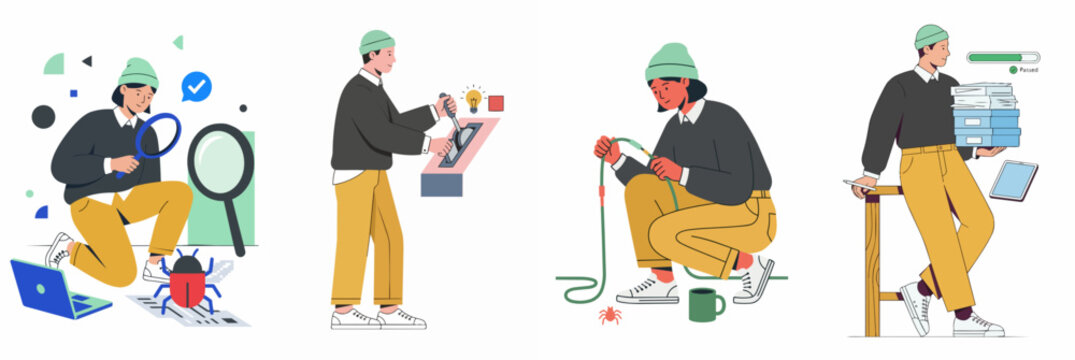 Set of flat vector illustrations depicting a character engaged in diverse tech-related activities including debugging, digital designing, hardware maintenance, and organizational tasks.