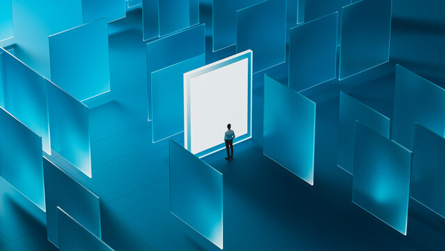 Businessman Facing a Glowing Screen Among Digital Panels