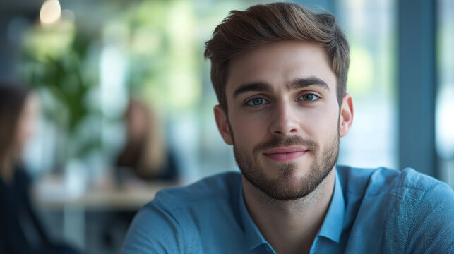 Close-up portrait of a young job candidate listening attentively during a recruitment interview, slightly nervous but optimistic expression, modern office softly blurred behind, hi