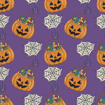 Halloween festive vector background, hand drawn seamless pattern with pumpkins and spider web perfect for spooky season design.