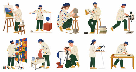 Fototapeta premium Collection of diverse artists and creative professionals engaged in various crafts such as painting, sculpting, pottery, photography, and digital design.