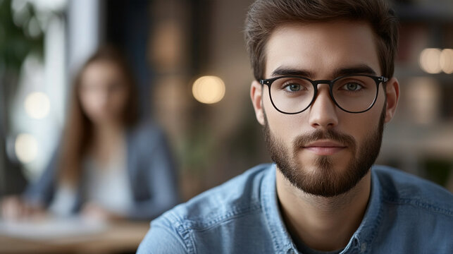 Close-up portrait of a young job candidate listening attentively during a recruitment interview, slightly nervous but optimistic expression, modern office softly blurred behind, hi