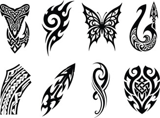 Fototapeta premium Tribal Tattoo Vector Set with Black Polynesian, Celtic, and Abstract Flame Symbols for Body Art and Creative Design Projects