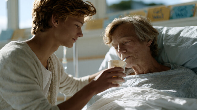 Teenage boy helps his bedridden grandfather drink from a straw cup in a sunlit hospital room, Get Well cards lined on the windowsill, IV stand casting a thin shadow across the