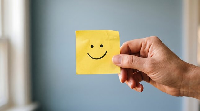 Hand holding a yellow sticky note with a hand drawn smiley face