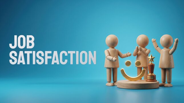 Three happy cartoon people balancing job satisfaction scale illustration