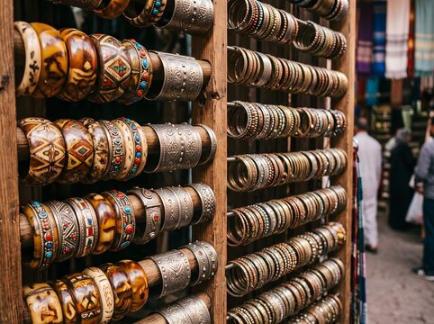 Artisan metal and wooden bangles on a market display rack