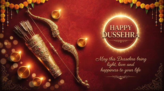 Happy Dussehra festival greeting card template featuring ornate golden bow arrow and detailed leather quiver with burning oil lamps on royal red background