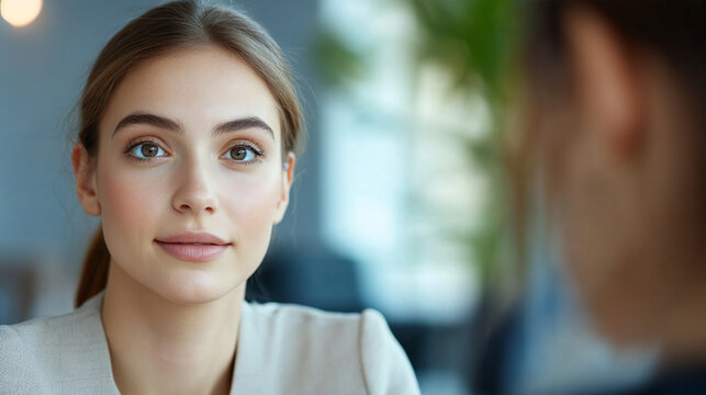 Close-up portrait of a young job candidate listening attentively during a recruitment interview, slightly nervous but optimistic expression, modern office softly blurred behind, hi