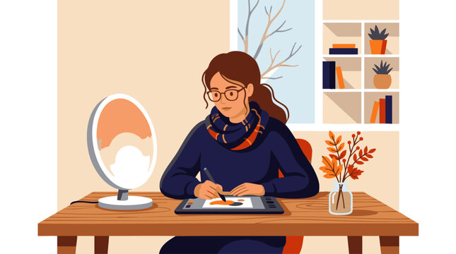 Cozy illustrator working at a wooden desk with a digital tablet, concept for remote creative work, graphic design portfolio and freelance lifestyle promotion
