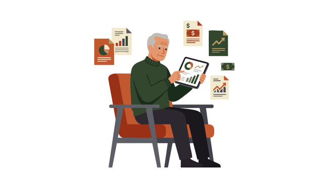Elderly financial advisor sitting with digital tablet surrounded by investment charts, concept for retirement wealth management planning and senior banking services