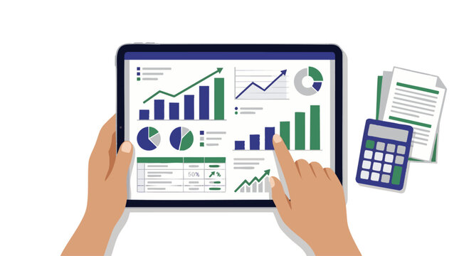 Modern digital tablet with financial analytics graphs and charts, concept for corporate business strategy, online banking and financial management presentation
